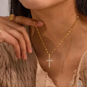 Anthropologie Cross 18K Gold Stainless Steel Crystal Waterproof Necklace